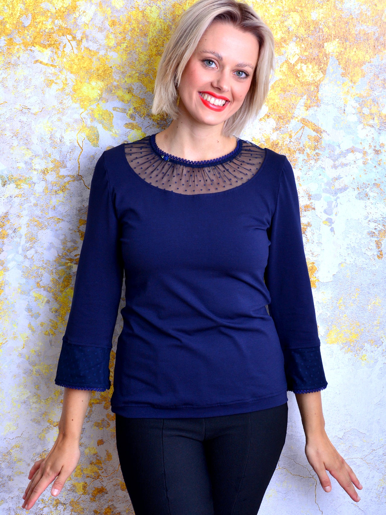 BESTSELLER - Jersey Shirt JESSICA dunkelblau Punkte blau Schleife Spitze