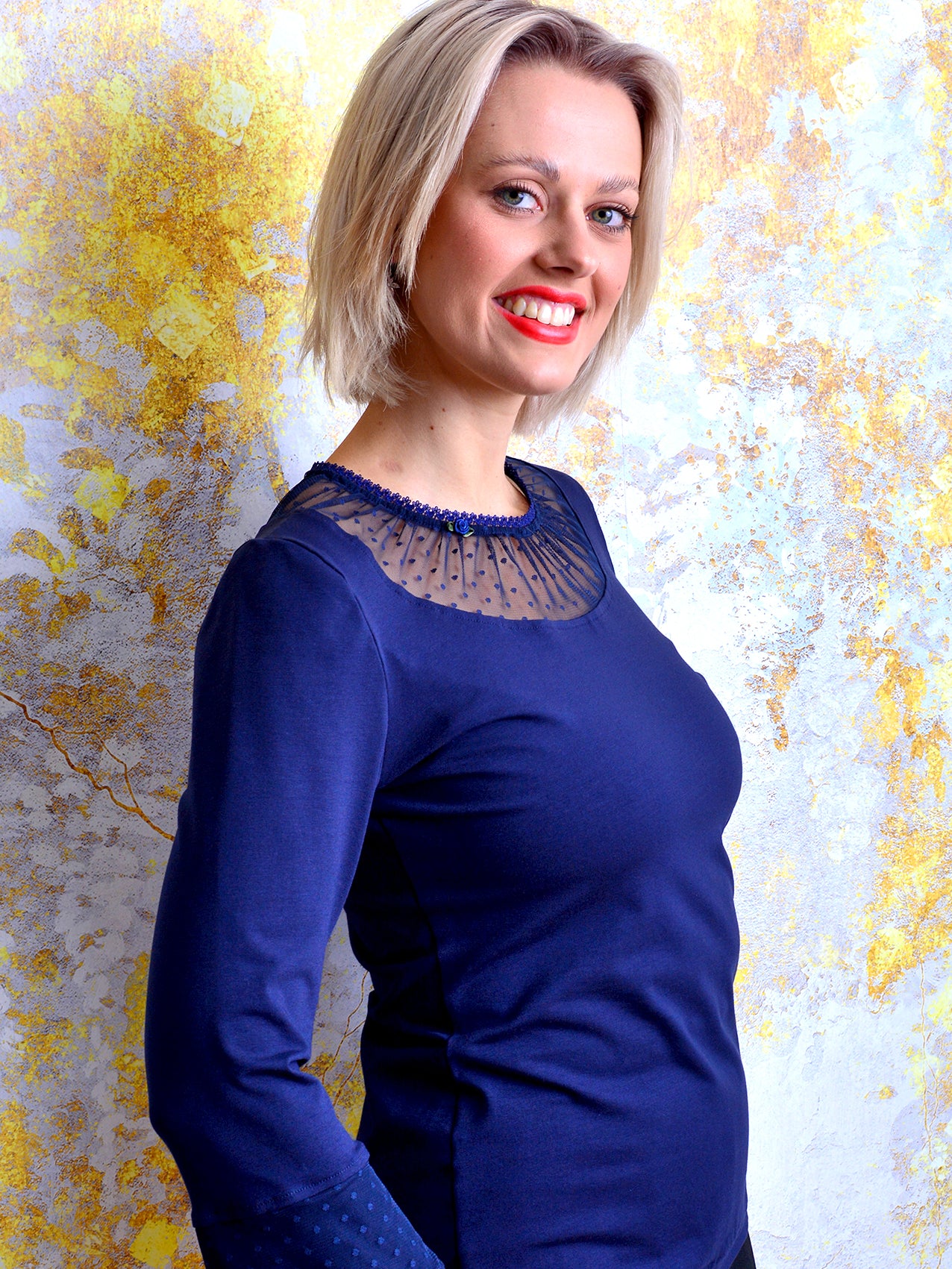 BESTSELLER - Jersey Shirt JESSICA dunkelblau Punkte blau Schleife Spitze