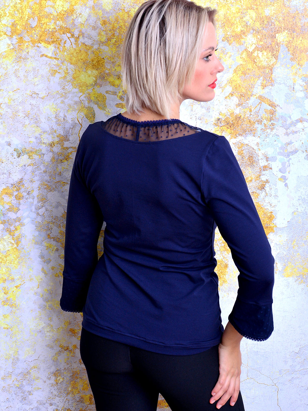 BESTSELLER - Jersey Shirt JESSICA dunkelblau Punkte blau Schleife Spitze