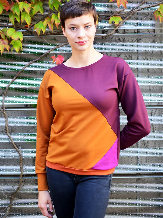 SALE > S (36) Sweatshirt MIRJAM colour blocking terracotta bordeaux pink