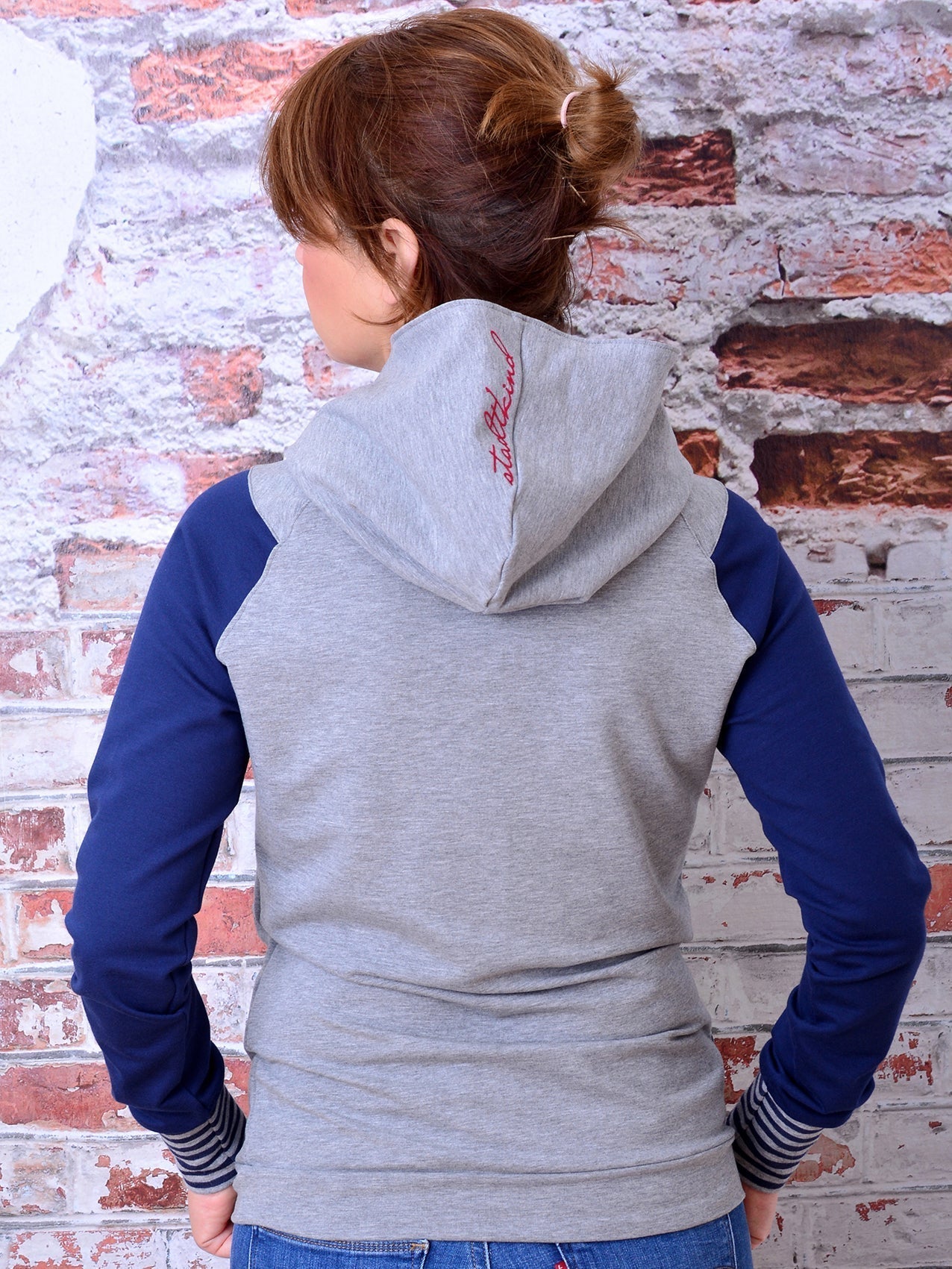 SALE > XXL (44) Kapuzenshirt URSULA grau blau Herz Raglanärmel Hoody