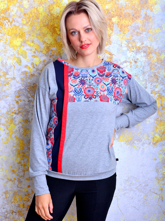 Sweatshirt MANJA grau melange Blumen Streifen rot STADTKIND POTSDAM