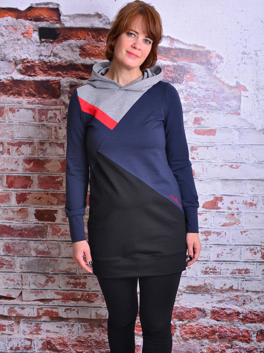 SALE > XS (34) Kapuzenshirt GESA blau grau Hoody Longshirt